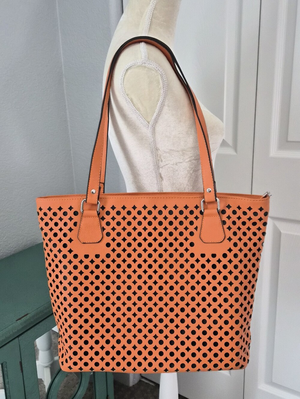 Orange Laser Cut Tote Bag Faux Saffiano Leather Shoulder Bag Large Carryall